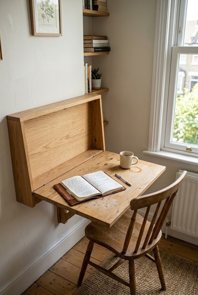 Fold down wooden wall desk with a journal in a small bedroom corner