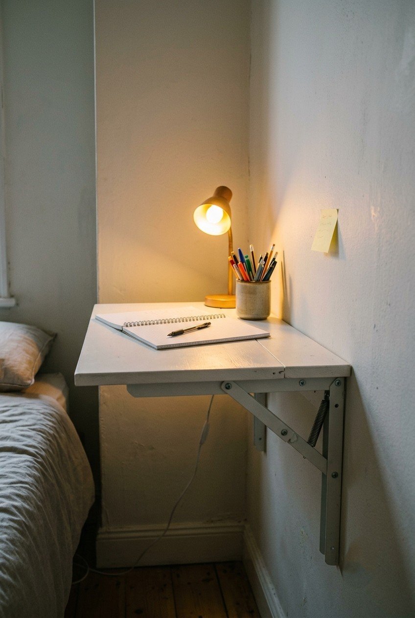 White wall-mounted fold-down desk dropped open with a notebook and pen cup in a tiny bedroom