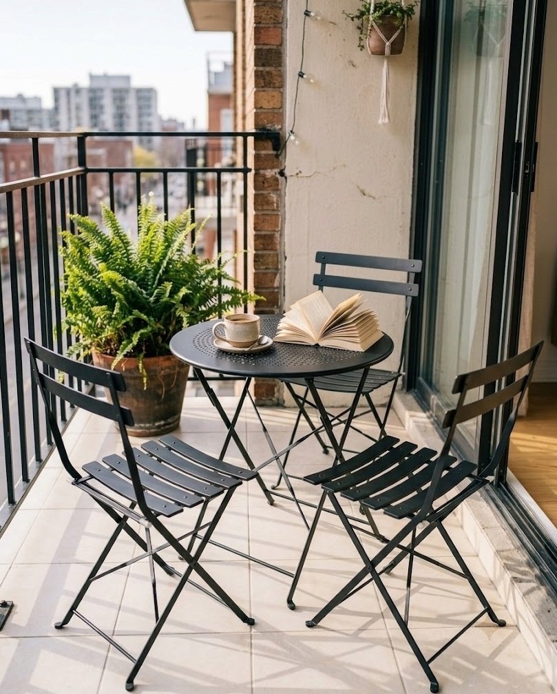 Folding black bistro table and two chairs on a narrow apartment balcony