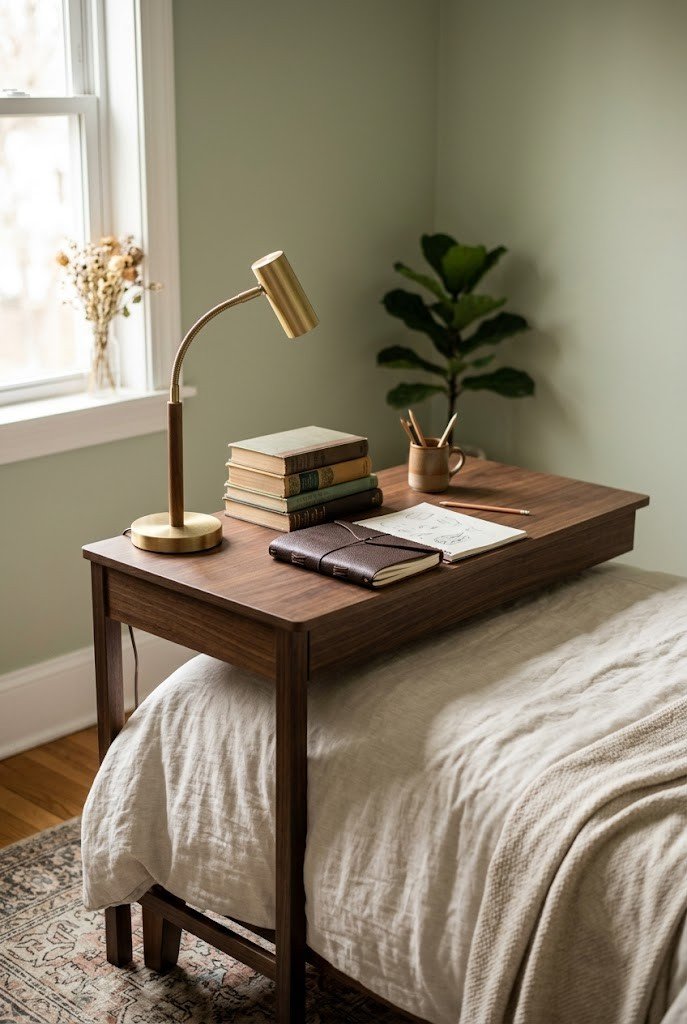 Slim writing desk at the foot of a bed in a small bedroom