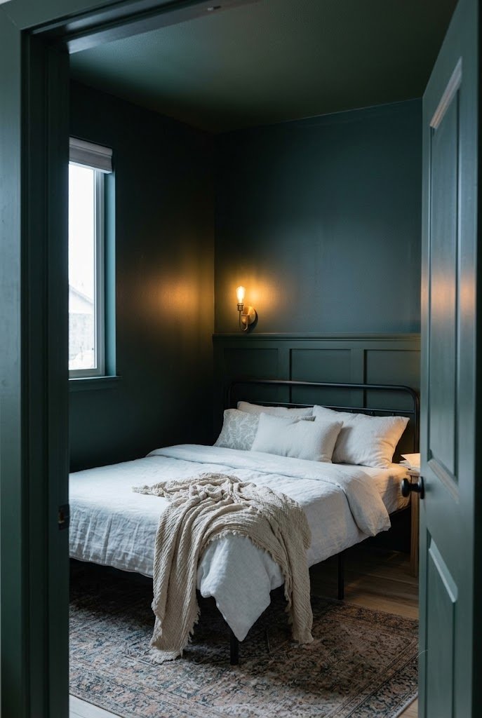 Small bedroom drenched in deep forest green on walls, trim, and ceiling