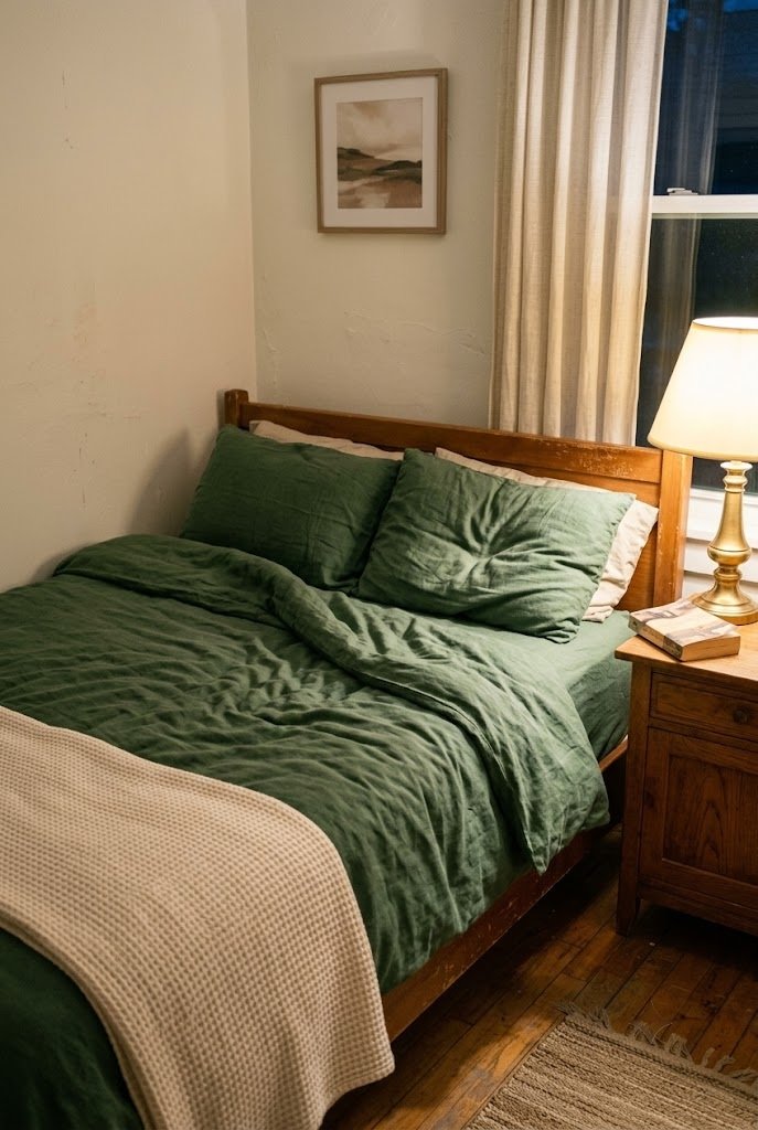 Forest green duvet and cream throw on a bed in a small rental bedroom