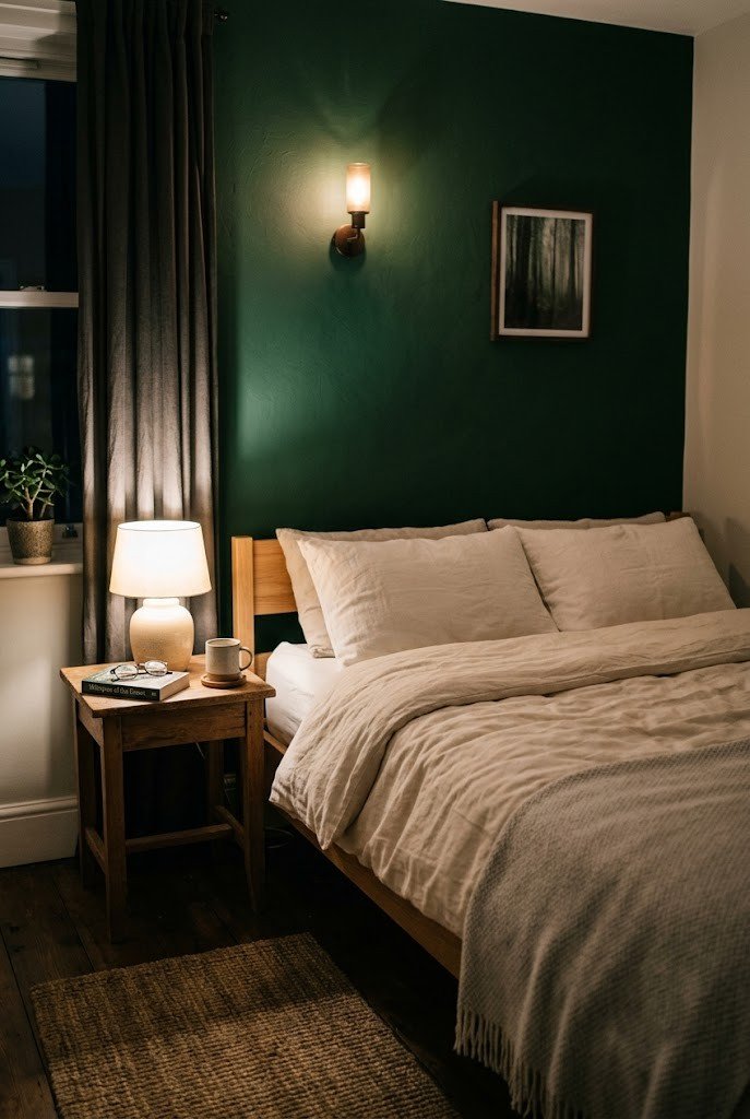 Deep forest green feature wall behind a bed with pale bedding
