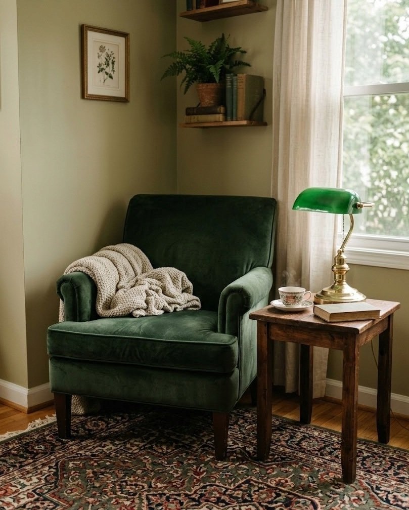 Deep forest green velvet armchair with a dark wood side table and a green-shade banker's lamp