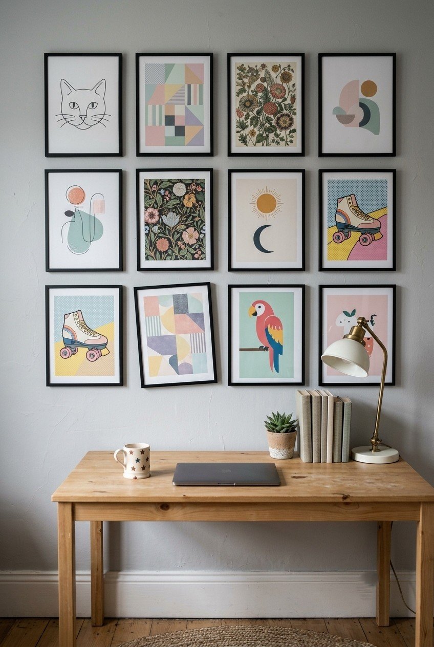 A loose grid of framed art prints in thin black frames on a bedroom wall