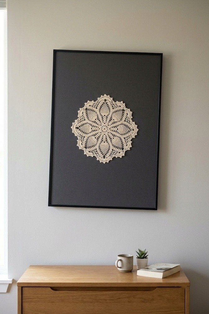 single cream doily framed on a charcoal mat in a thin black modern frame