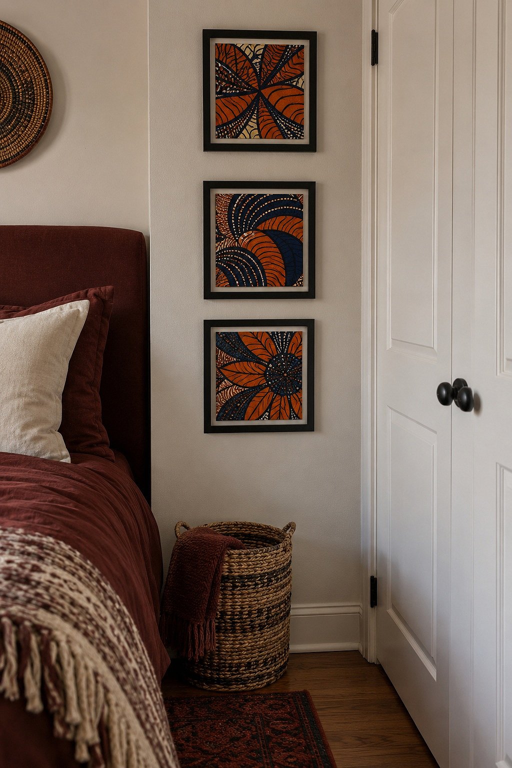 Three thin black frames holding orange and indigo wax print fabric squares stacked vertically on a narrow wall