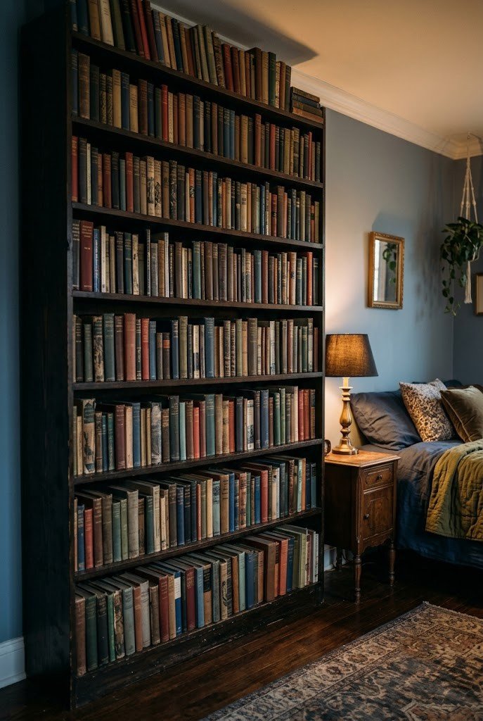 Tall freestanding dark bookcase filled with books for a library-wall look