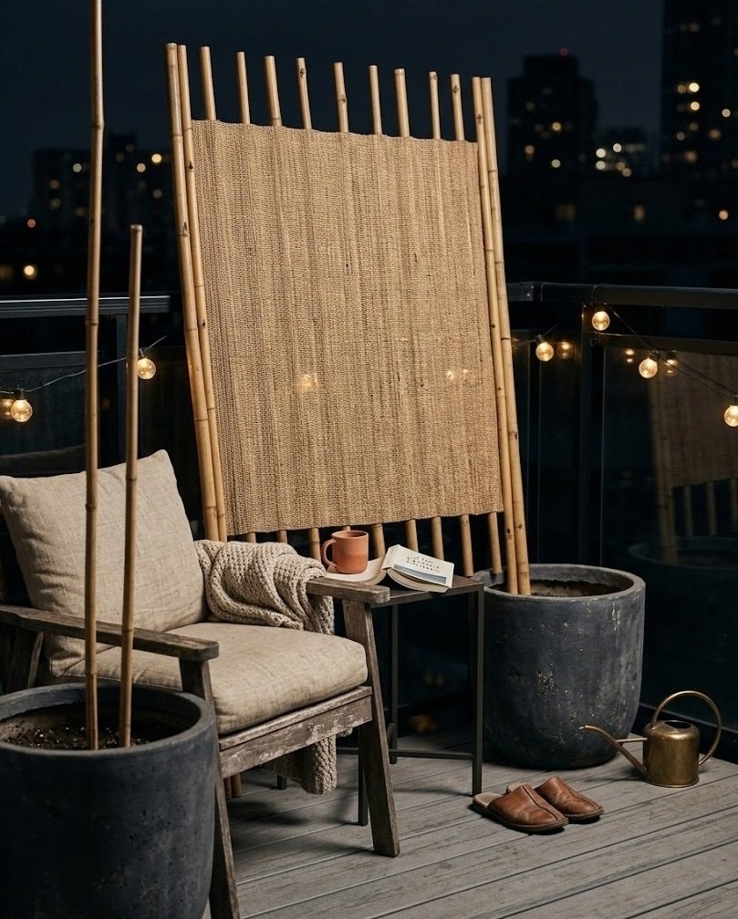 Freestanding bamboo-stake privacy screen in weighted pots on a balcony corner