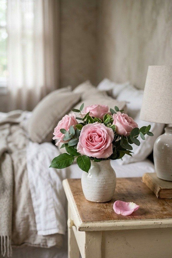Small ceramic vase of fresh roses on a cream nightstand