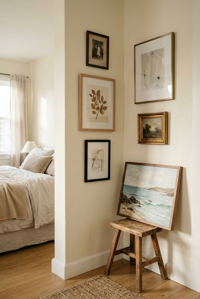 Framed art wrapping two walls with a leaning piece on a stool in a bedroom corner