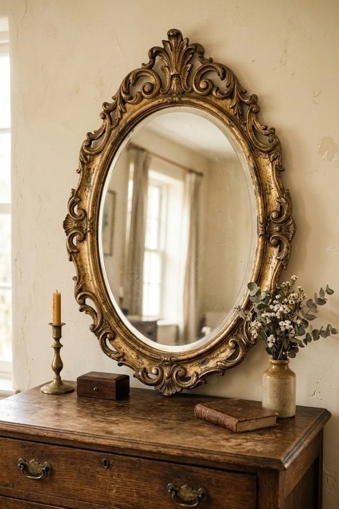 Ornate antique-gold oval mirror with patina against a cream wall