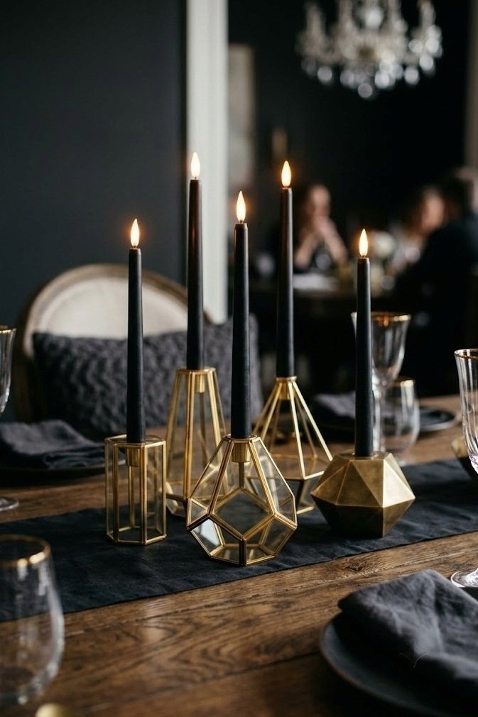 Geometric gold candleholders with black tapers for elegant Halloween table decor