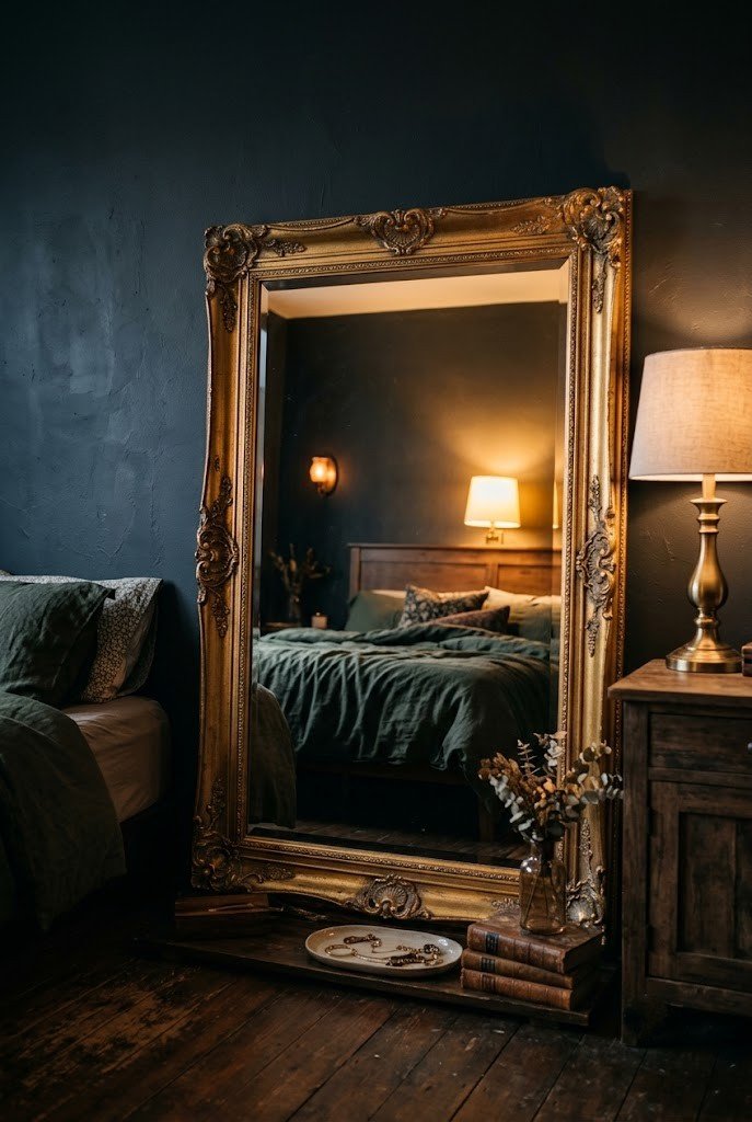 Antique gold-framed mirror bouncing light in a dark academia bedroom