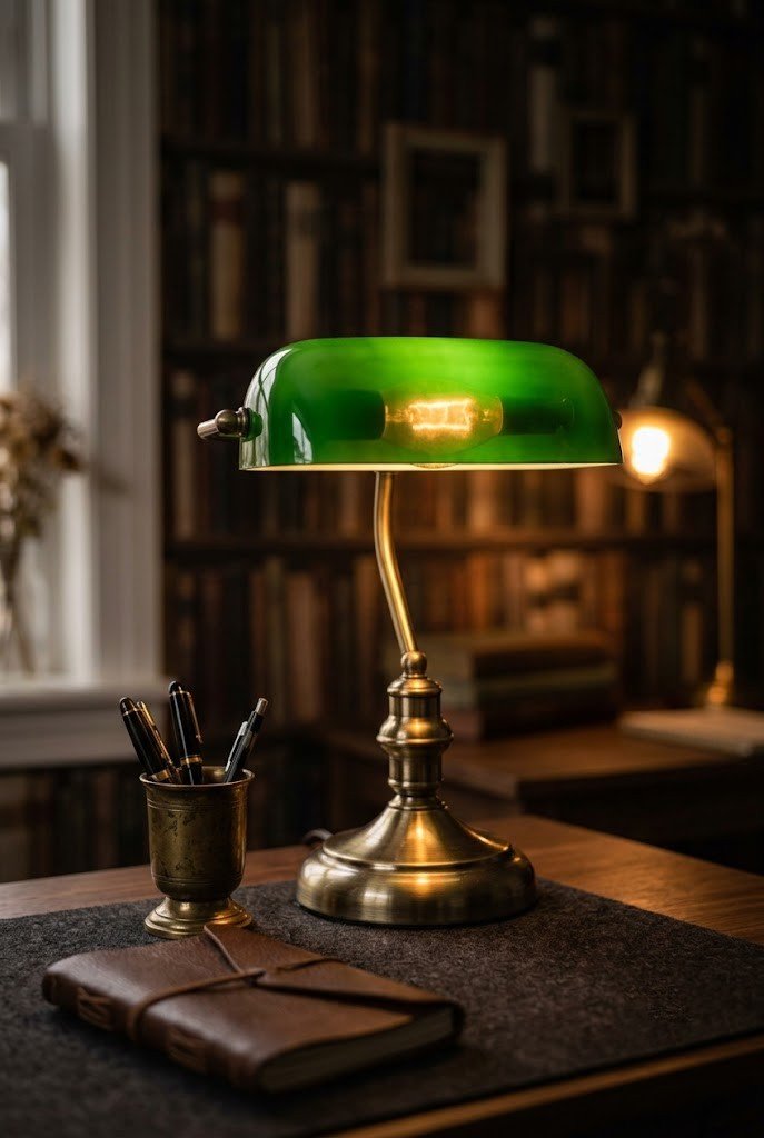 Green glass banker's lamp and dark felt mat on a plain desk