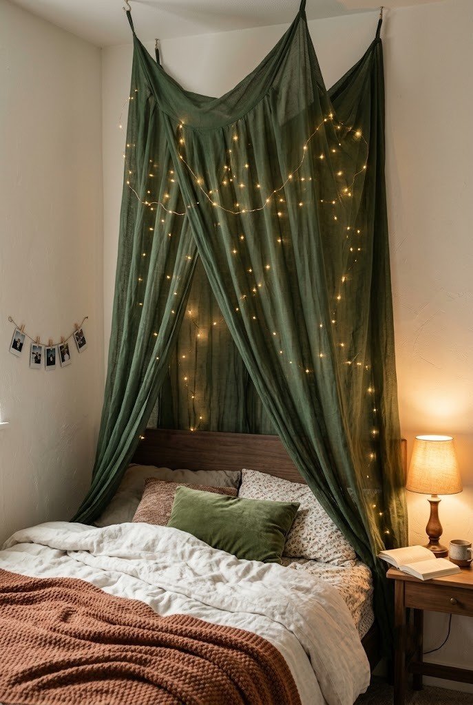 Sheer green canopy with warm fairy lights over the head of a bed
