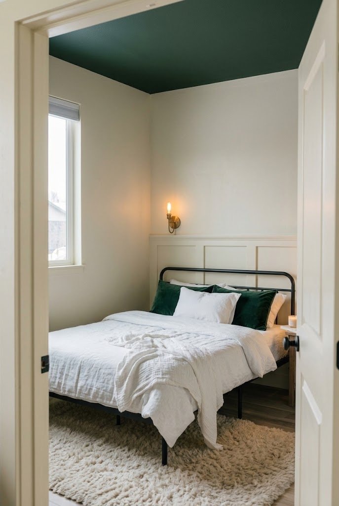 Bedroom with a deep green painted ceiling and pale walls