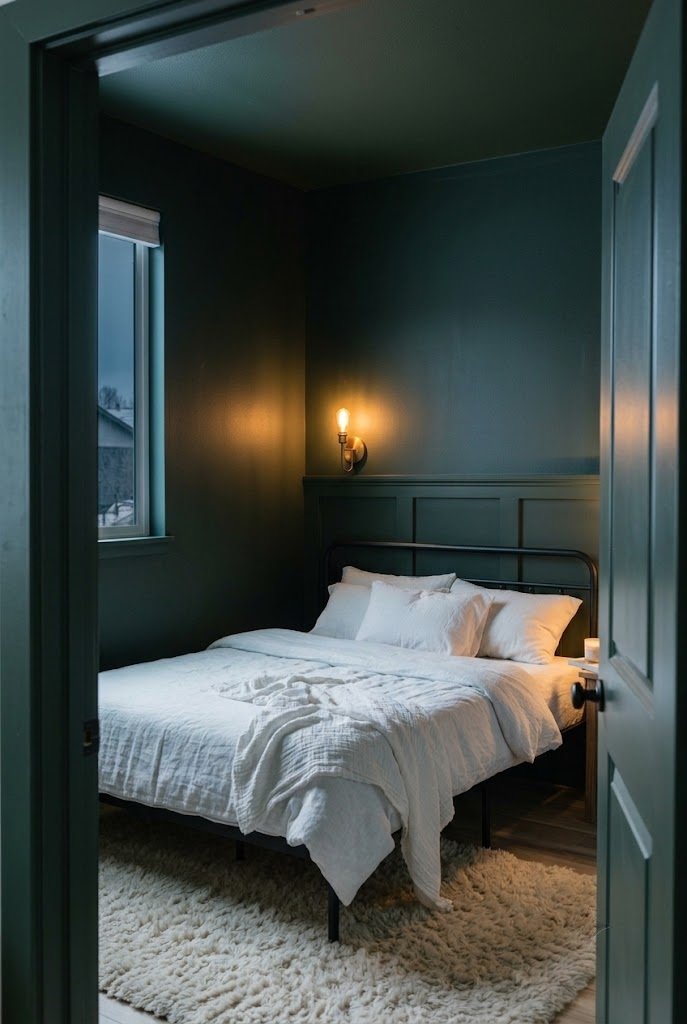 Deep green bedroom with white linen bedding and a cream rug for contrast
