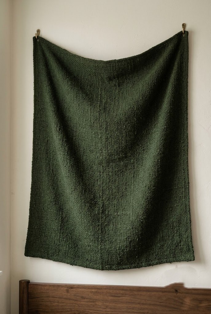 Large dark green fabric wall hanging above a bed