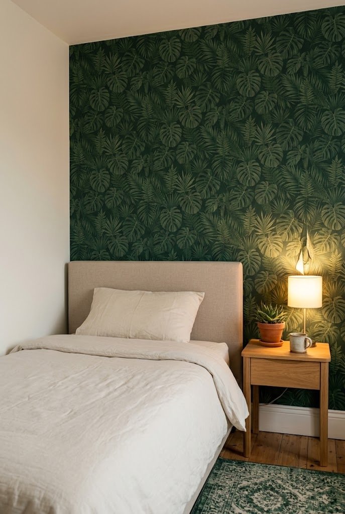 Dark green botanical peel-and-stick wallpaper feature wall behind a bed