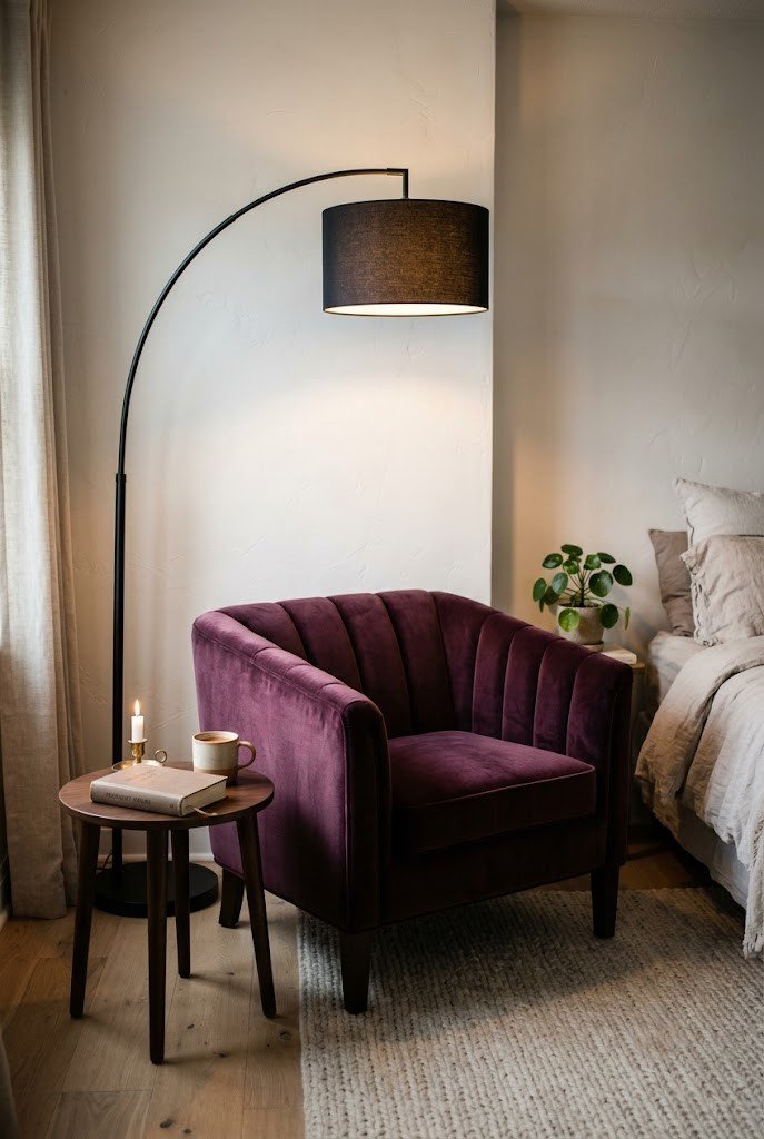 Plum velvet channel-tufted accent chair with an arc floor lamp in a stylish bedroom corner