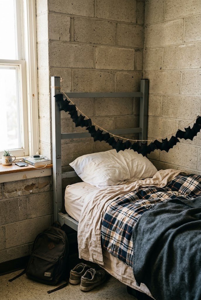 Felt bat garland tied to a metal bed frame by a rough cinderblock wall