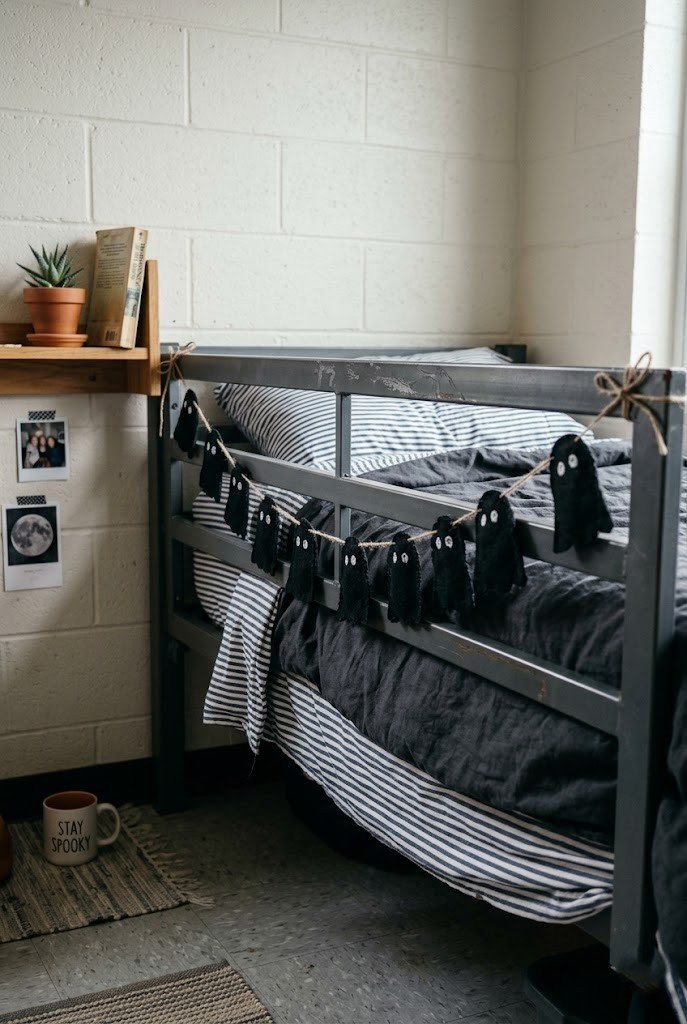 Black felt ghost garland tied along a metal dorm bed frame