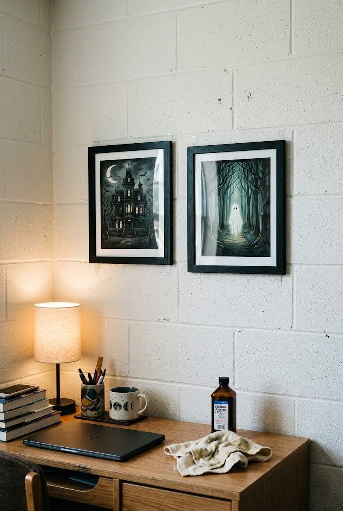 Framed prints on painted cinderblock with rubbing alcohol nearby