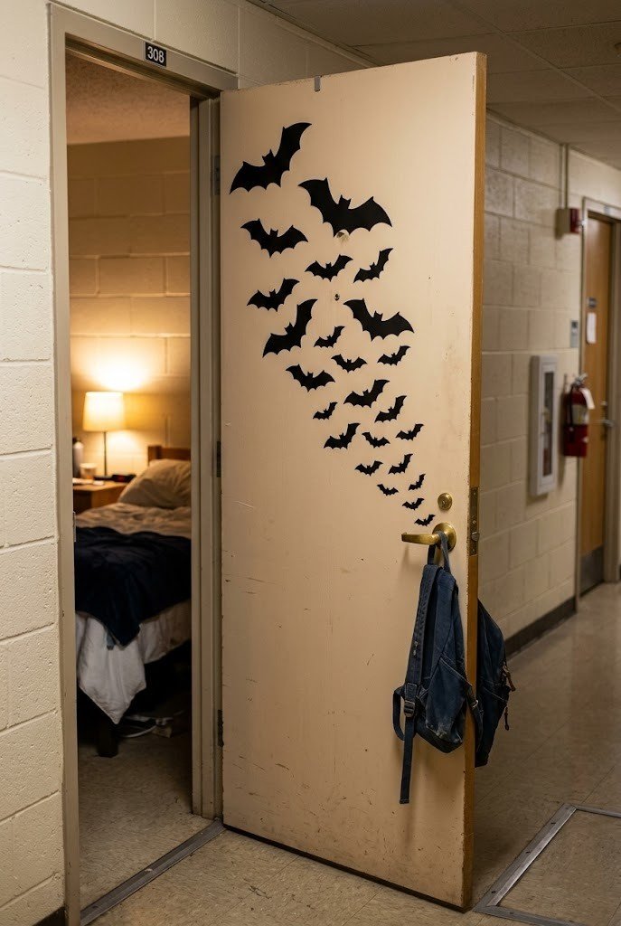 Matte black bat decals scattered across a beige dorm room door