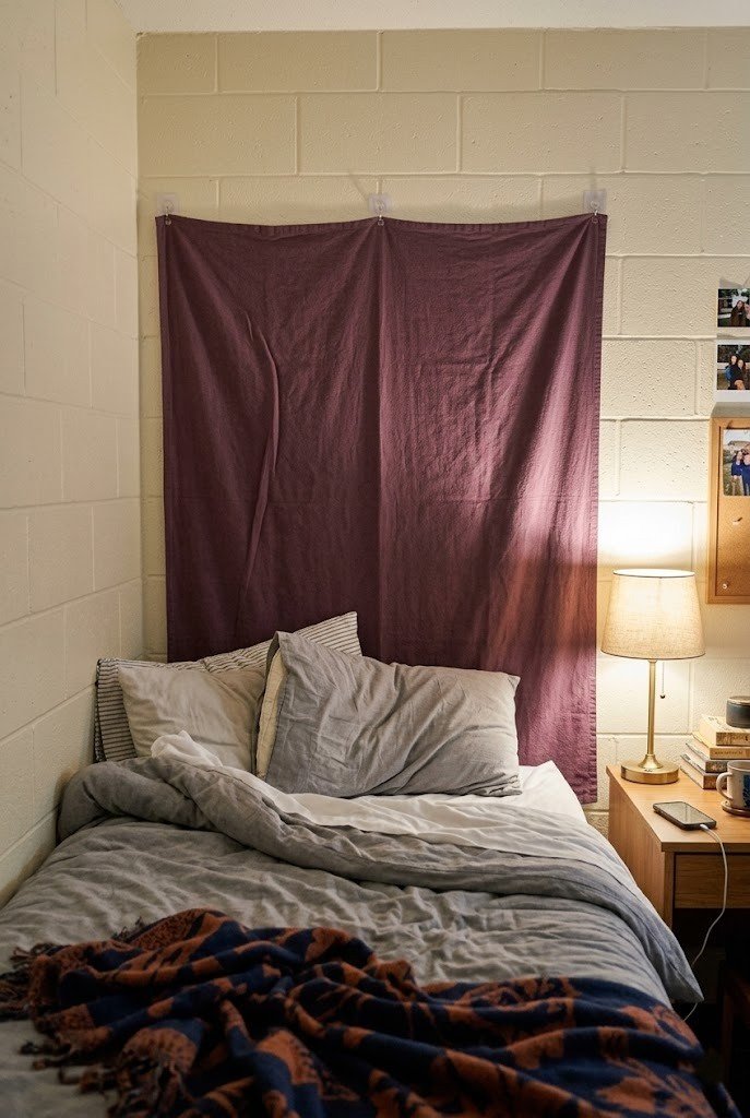 Deep plum fabric panel behind an XL twin dorm bed