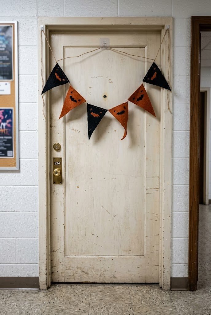 Black and burnt orange felt pennant banner on a dorm door