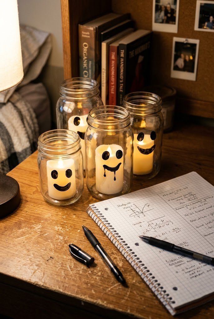 Flameless LED candles in painted ghost-face jars on a dorm desk