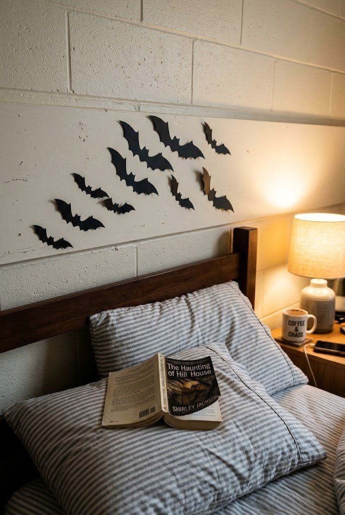 Black bat decals above the pillows of an XL twin dorm bed