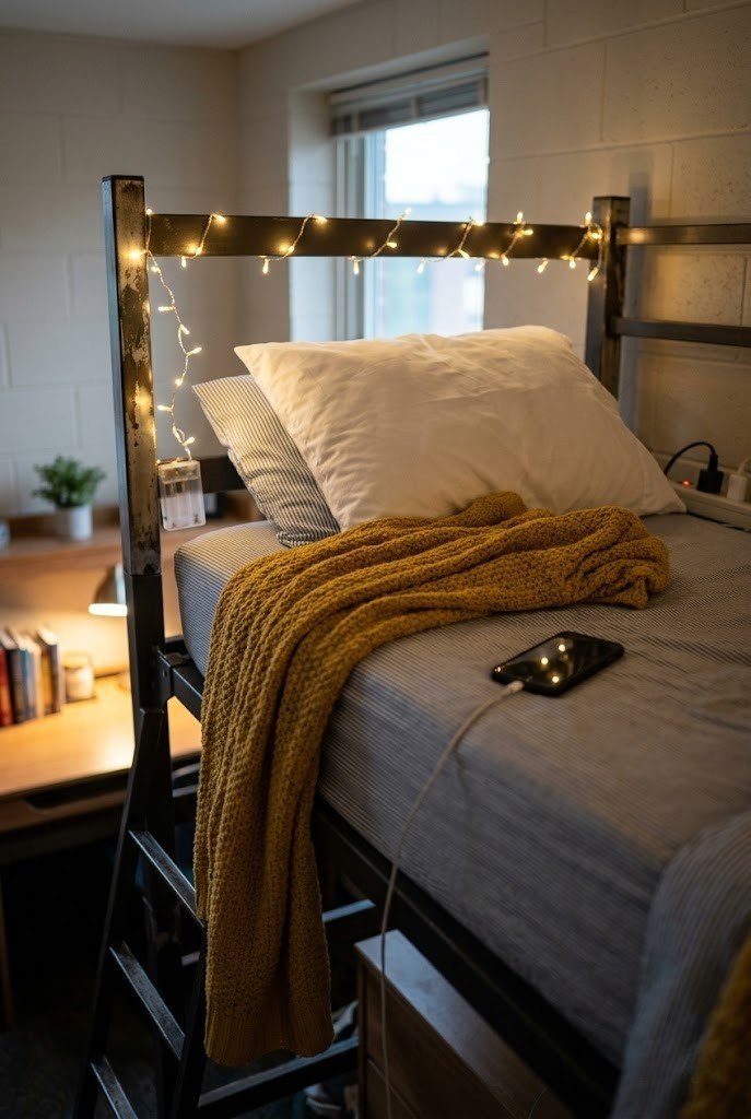 Battery fairy lights along the top rails of a lofted dorm bed