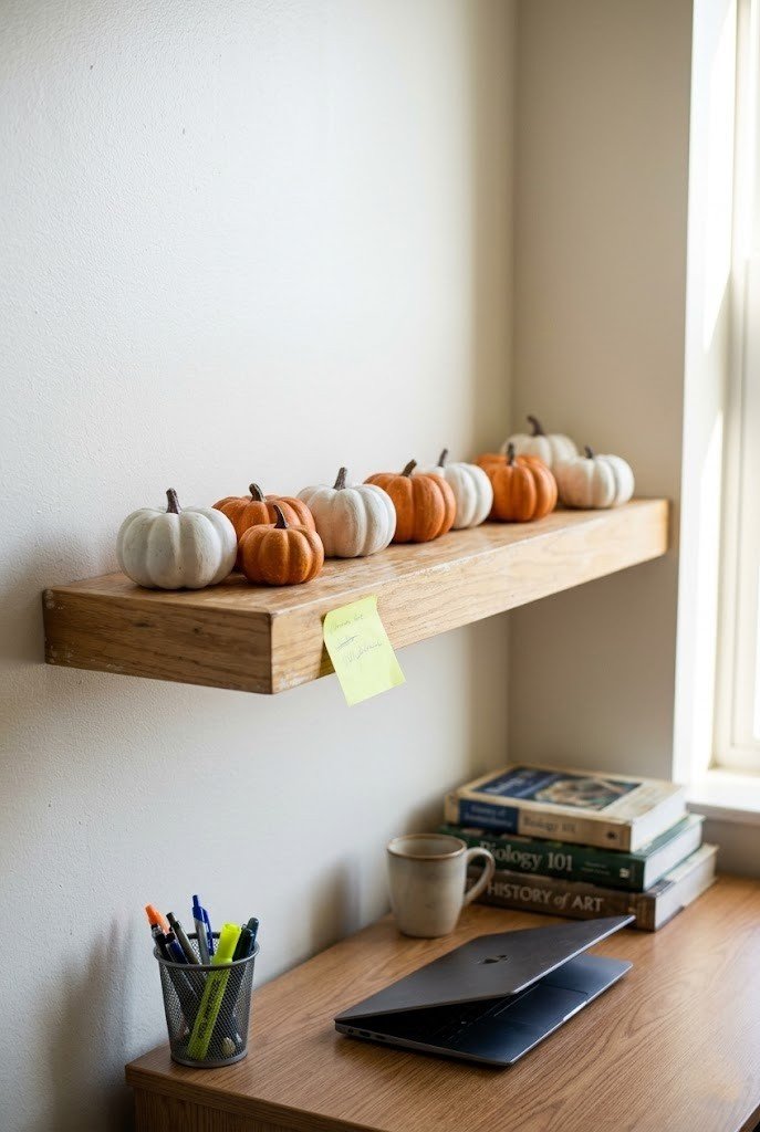 Row of small white and orange craft pumpkins on a dorm shelf