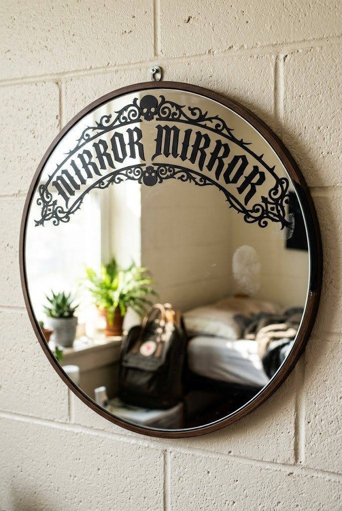 Gothic black vinyl lettering along the top of a round dorm mirror