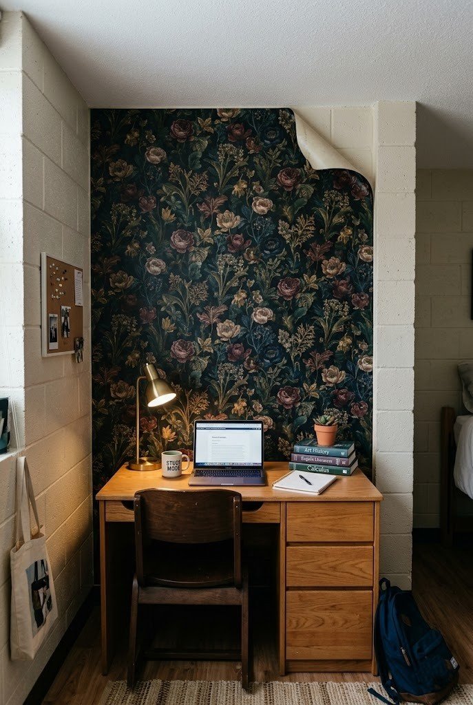 Dark floral peel-and-stick accent panel behind a dorm desk