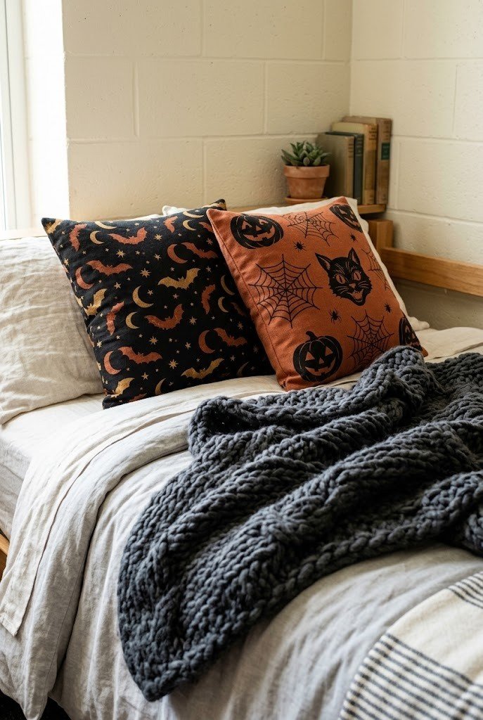 Black and rust Halloween pillow covers and a knit throw on a dorm bed