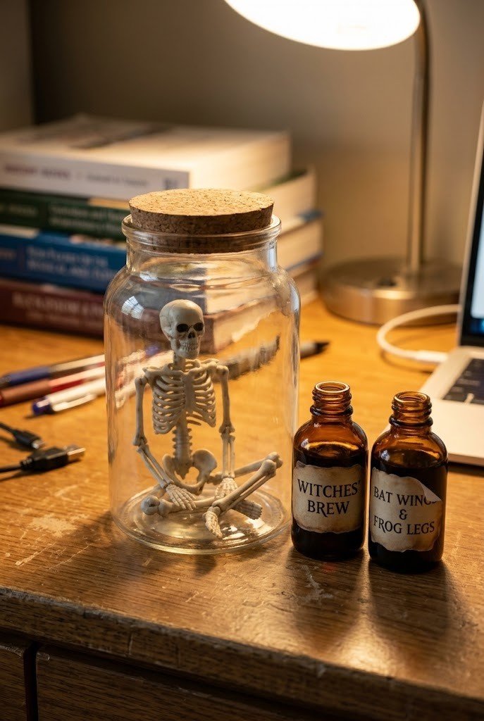 Mini skeleton in a jar with amber potion bottles on a dorm desk
