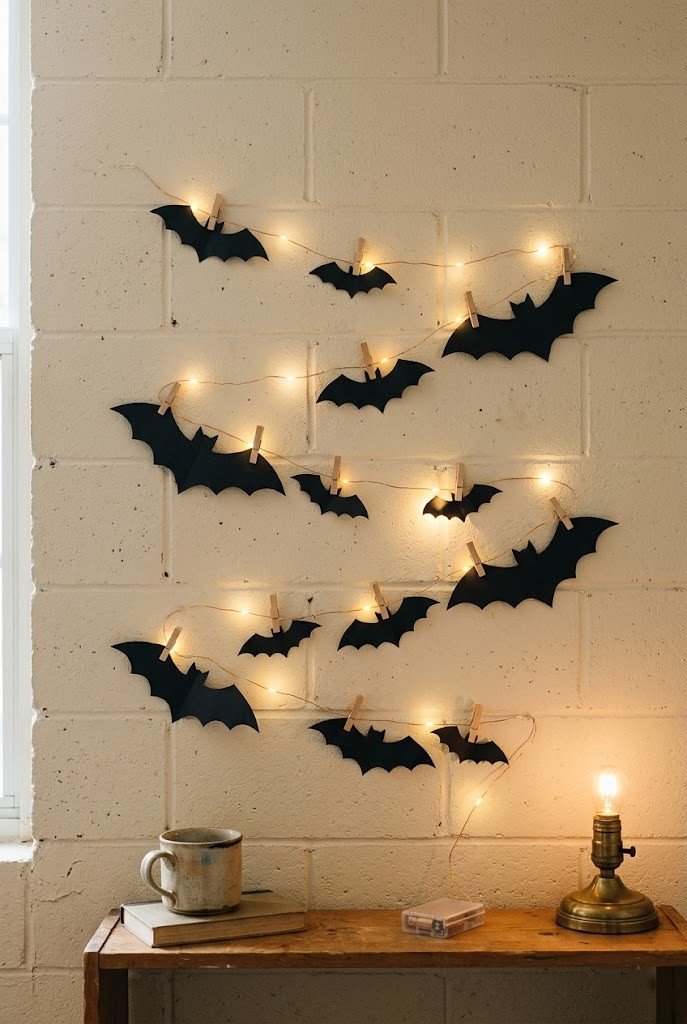 Battery string lights with paper bat cutouts on a cinderblock wall
