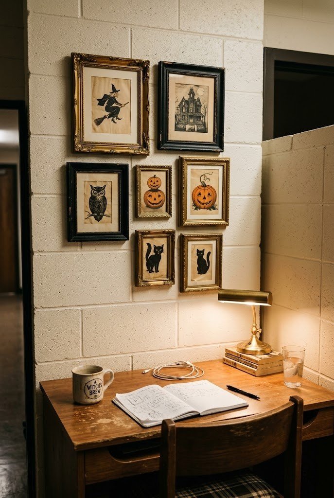 Thrifted black and gold frame gallery wall on painted cinderblock