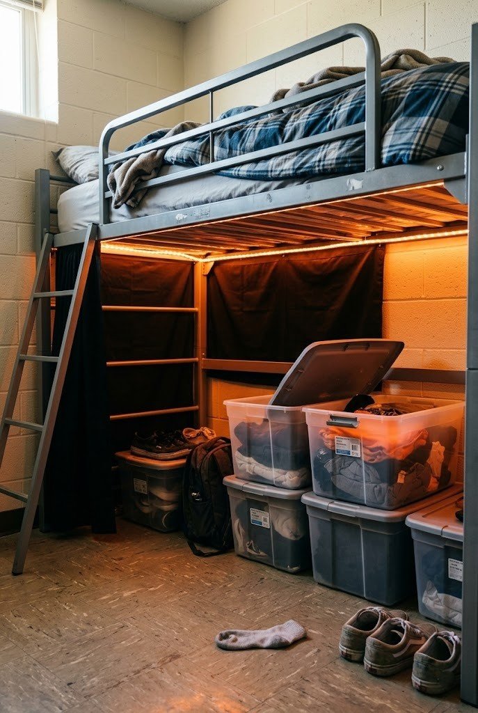 Warm LED strip glowing under a lofted XL twin dorm bed