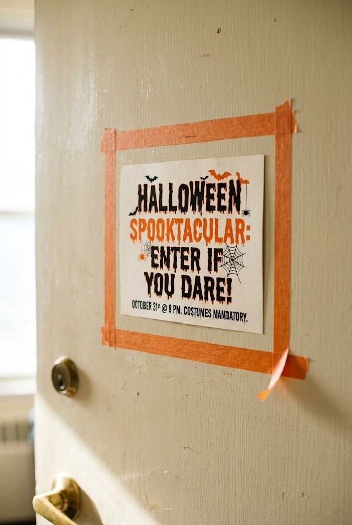 Printed Halloween sign framed with orange washi tape on a dorm door