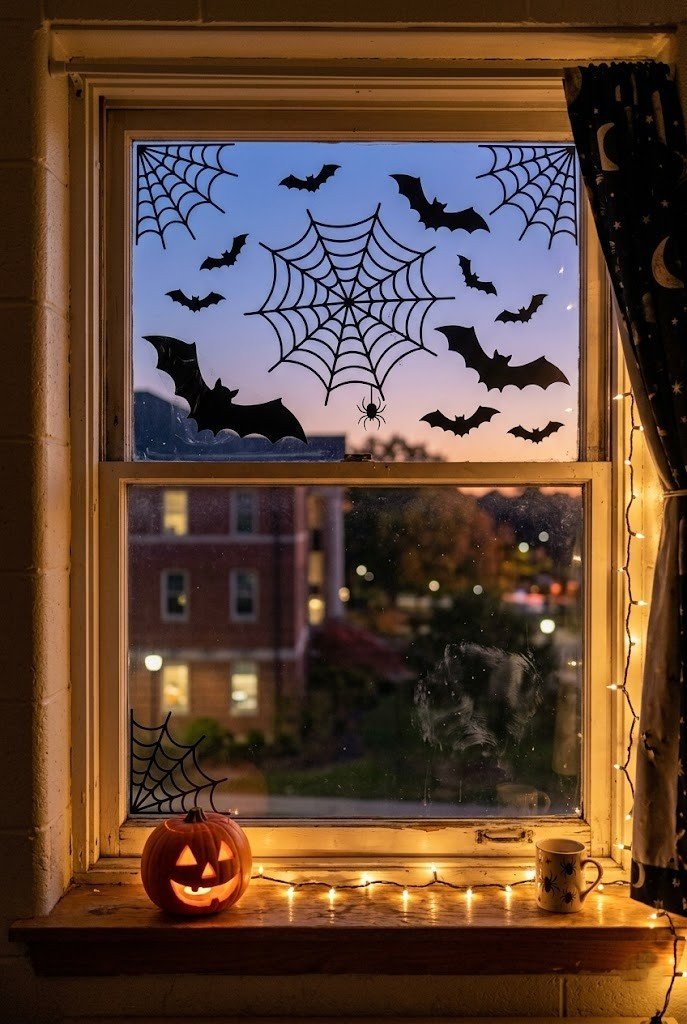 Black bat and spiderweb window clings on a dorm window at dusk