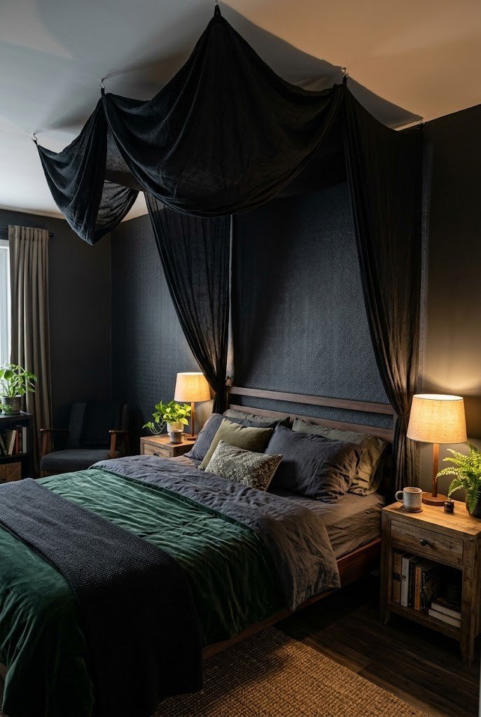 Bed framed by dark wallpaper and black fabric draped from the ceiling like a four-poster