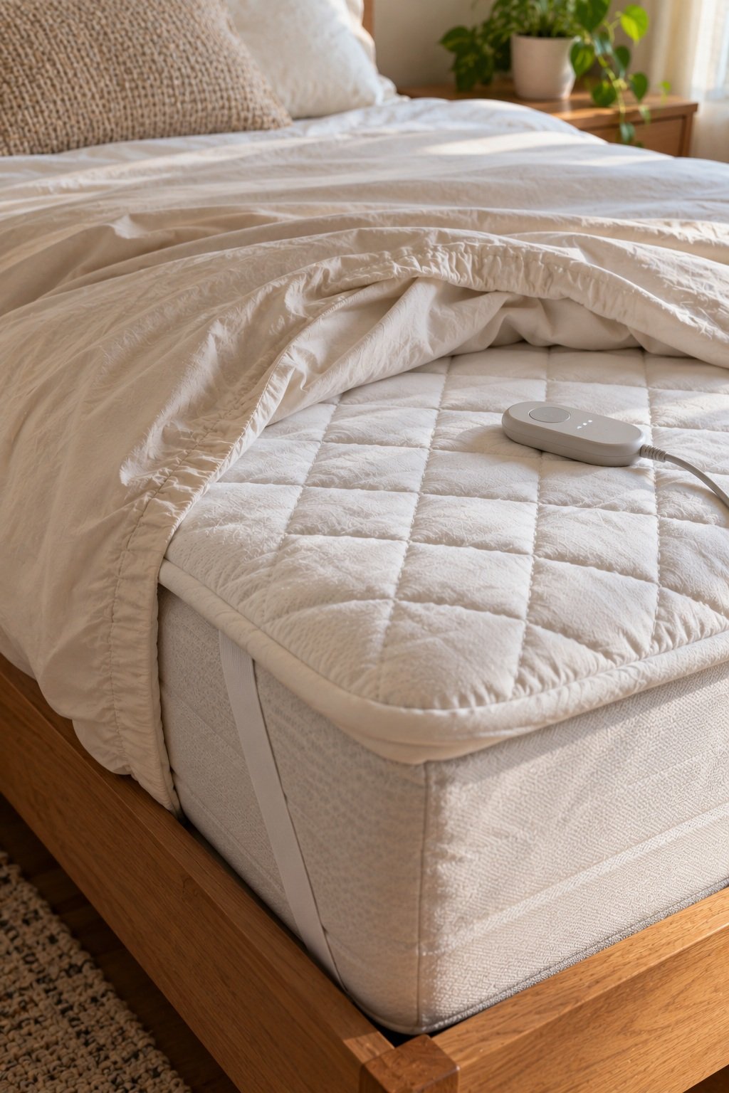 Corner of a quilted heated mattress pad with its controller under a folded back sheet