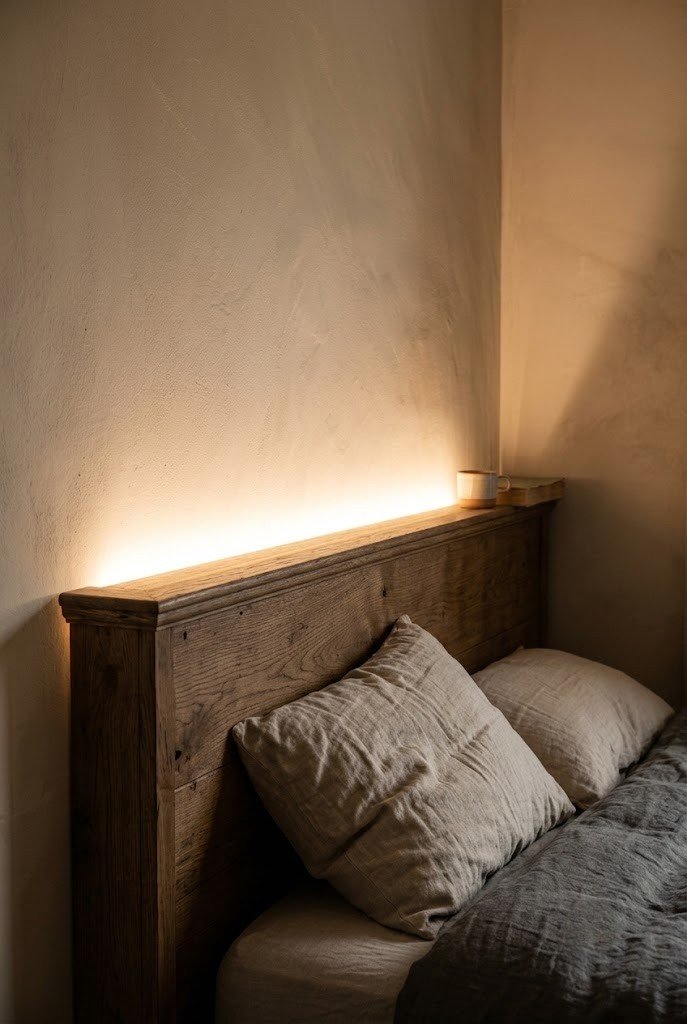 Warm LED strip glowing softly behind a headboard in a dim bedroom corner