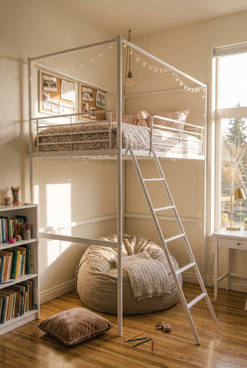 Tall white metal high-loft bed with a beanbag lounge underneath in a tall-ceiling bedroom