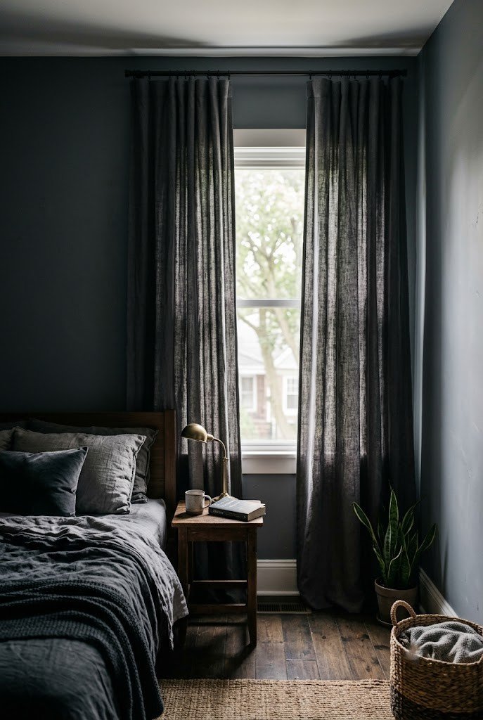 Dark floor-length curtains hung high and wide in a small apartment bedroom