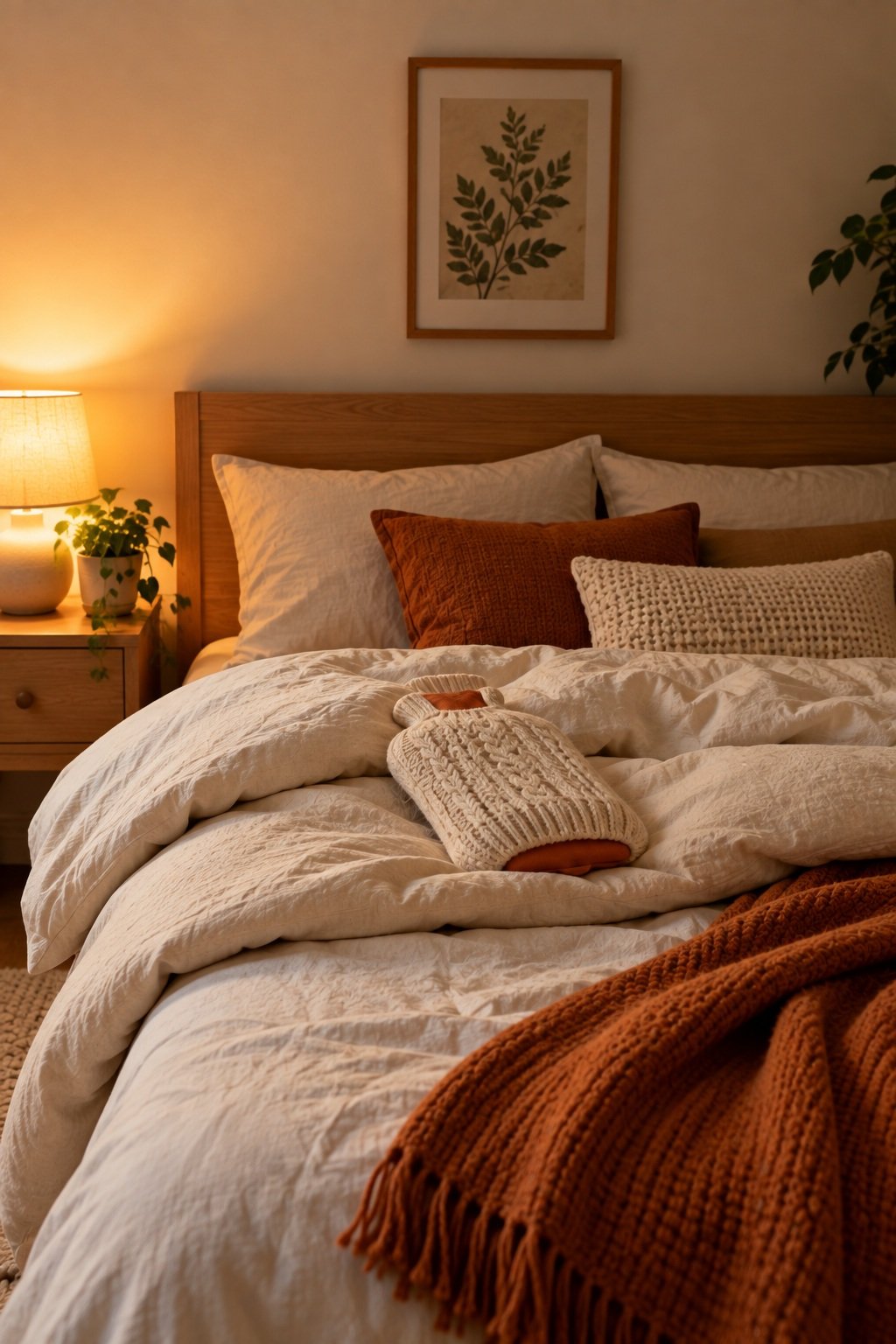 Hot water bottle in a cream cable knit cover on a folded back duvet